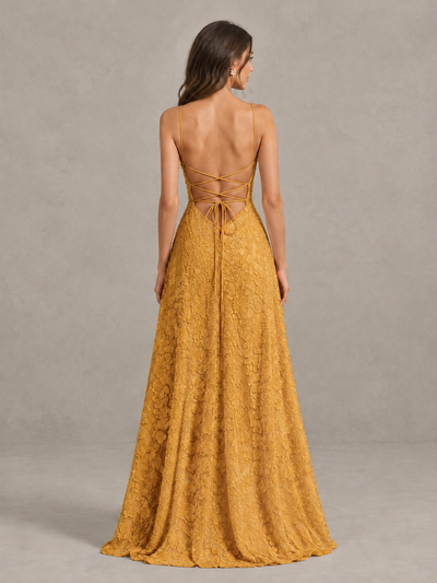 BOLODOO Gold Floral Appliqué Slit Maxi Dress - Gold - Gold (2)