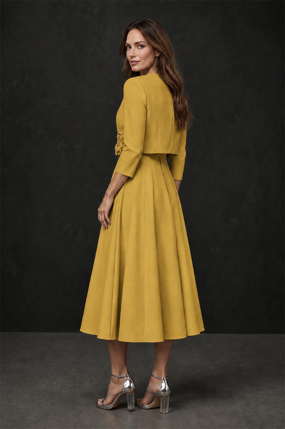 BOLODOO Gold 3D Rosette Appliqué 3/4 Sleeve Jacket & V-Notch Sleeveless A-Line Tea-Length Two-Piece Dress Set - Gold
