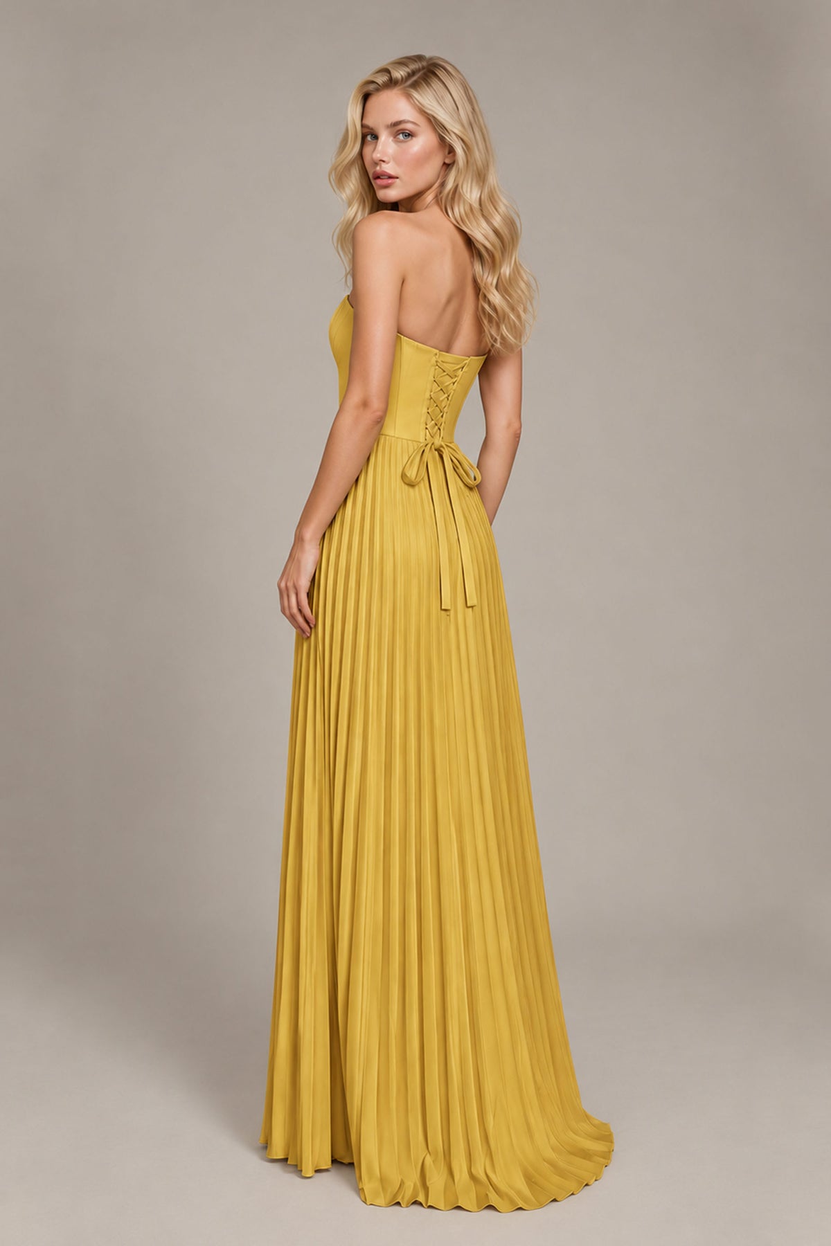 BOLODOO Gold Strapless Sunburst Pleated Twisted Knot Lace-Up Back Accordion Pleated Chiffon Maxi Dress - Gold