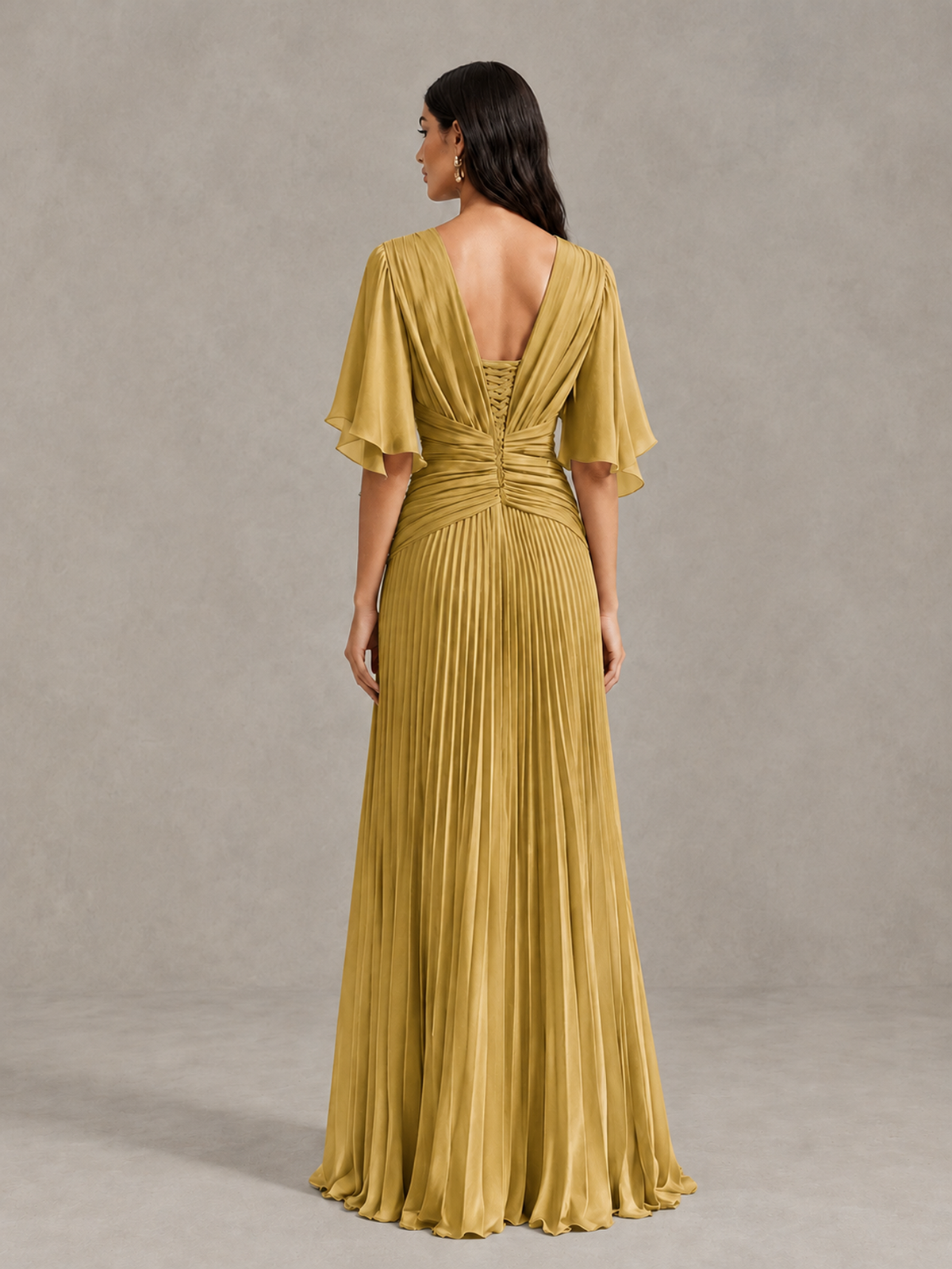 BOLODOO Gold Pleated V-Neck Flutter Sleeve Bridesmaid Dress - Gold - Gold (2)