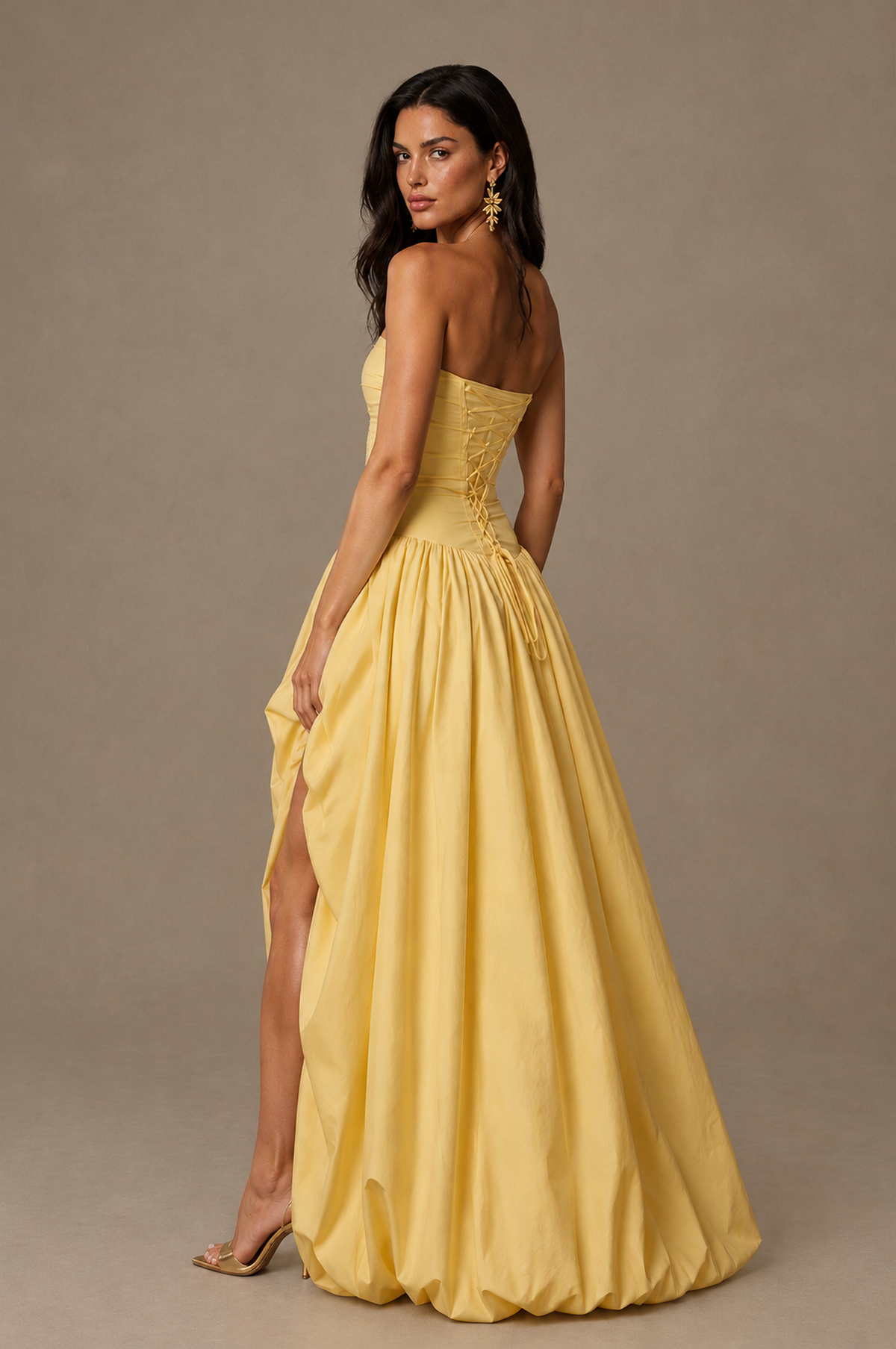BOLODOO Gold Strapless Ruched Corset Lace-Up Back Bubble Skirt High Slit Taffeta Maxi Dress - Gold