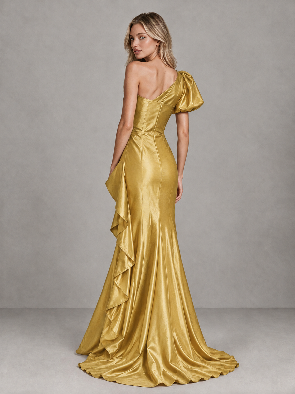 BOLODOO Gold One-Shoulder Satin-Look Mermaid Evening Dress with Ruffles - Gold - Gold (2)