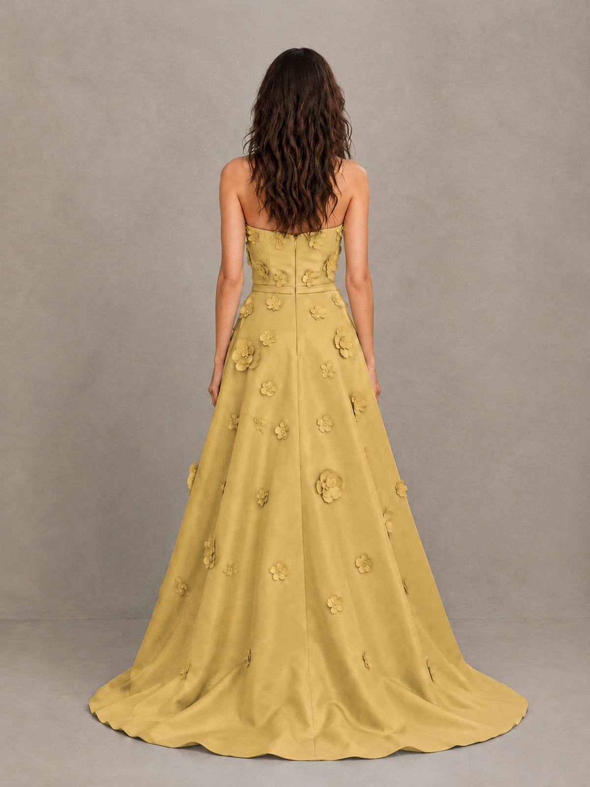 BOLODOO Gold Strapless 3D Floral Applique Prom Gown with Draped Skirt - Gold - Gold (2)