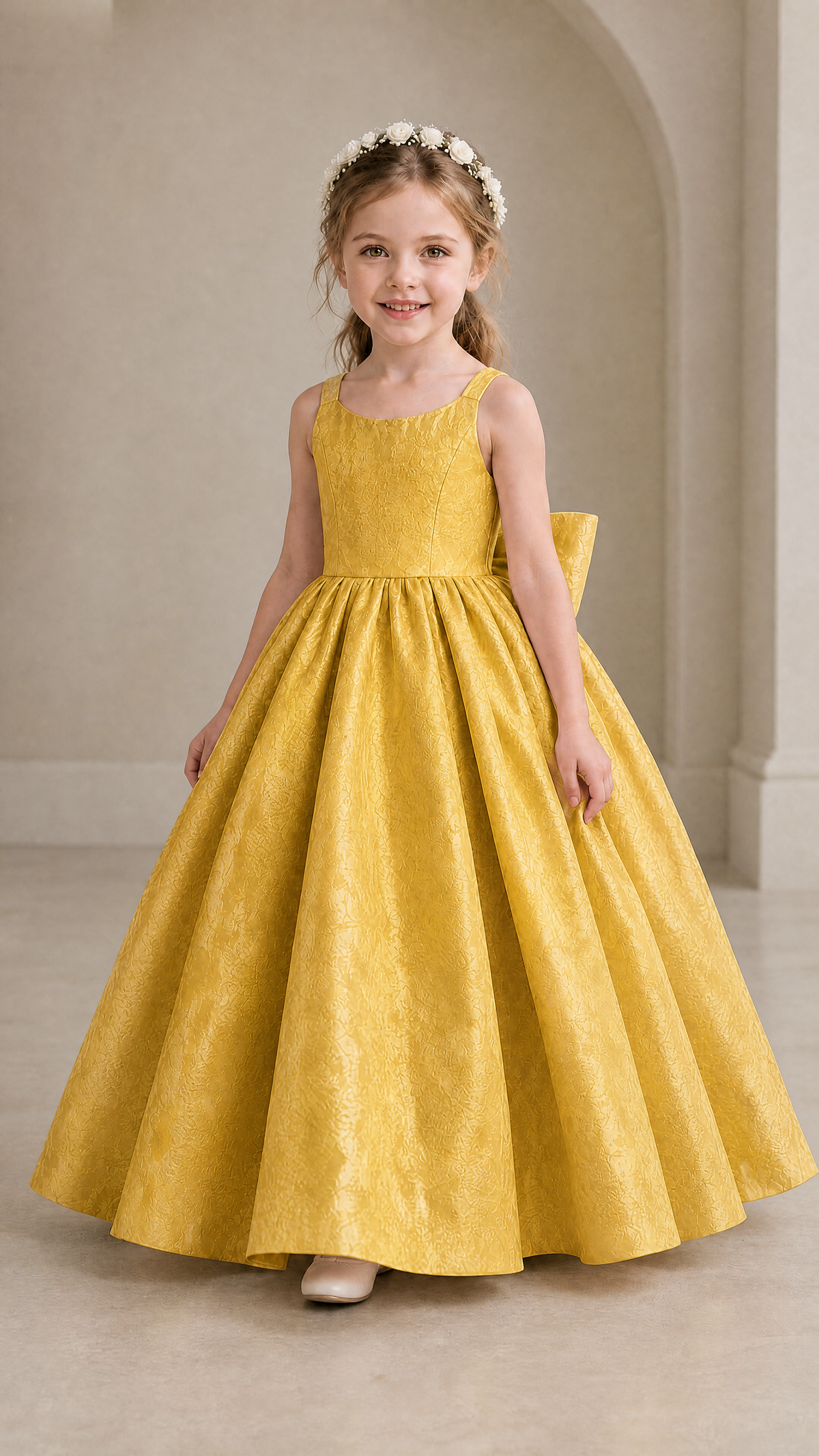 BOLODOO Gold Girls' A-Line Flower Girl Dress with Back Bow - Gold