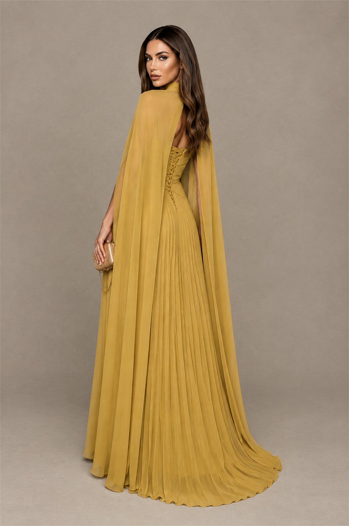 BOLODOO Gold Strapless Crossover Ruched Bodice Detached Turtleneck Cape Lace-Up Back Pleated Chiffon Maxi Dress - Gold