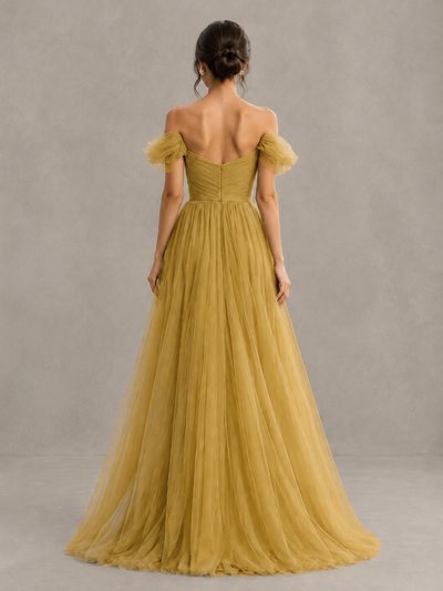 BOLODOO Gold Off-the-Shoulder Ruffle Sleeve A-Line Bridesmaid Dress - Gold - Gold (2)