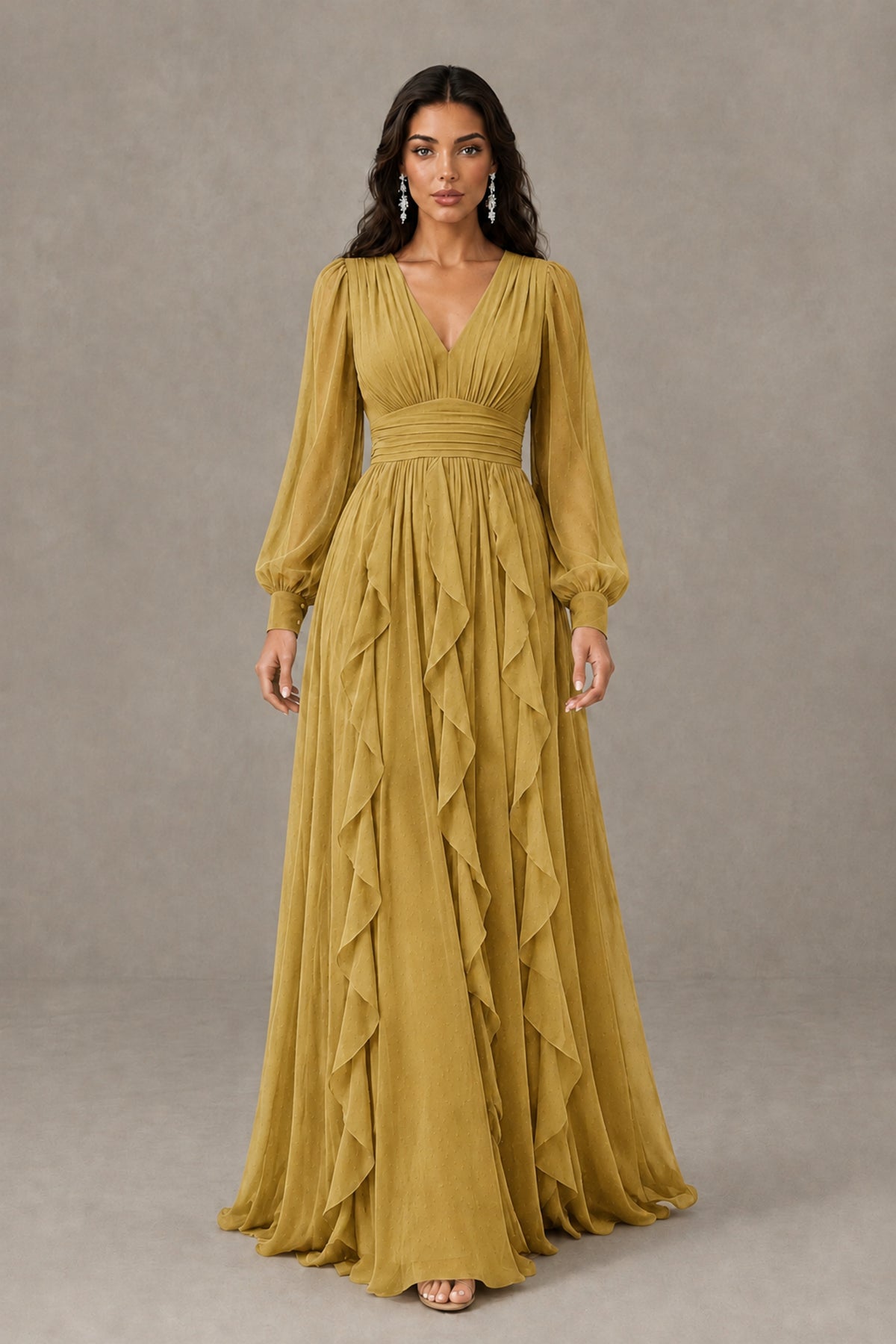 BOLODOO Gold Long Sleeve V-Neck Ruffle Maxi Dress - Gold - Gold (2)
