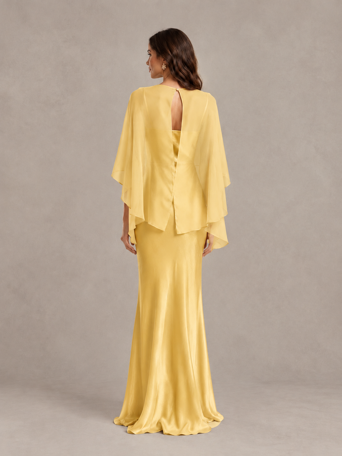 BOLODOO Gold Satin Mermaid Bridesmaid Dress with Chiffon Cape - Gold - Gold (2)