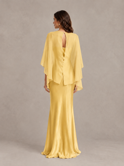 BOLODOO Gold Satin Mermaid Bridesmaid Dress with Chiffon Cape - Gold - Gold (2)