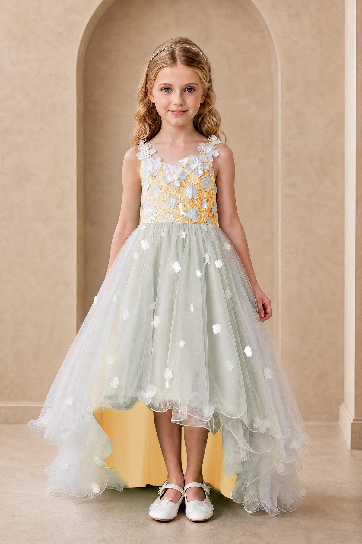 BOLODOO Gold Flower Girl Dress with Floral Appliqué and High-Low Tulle Skirt - Gold