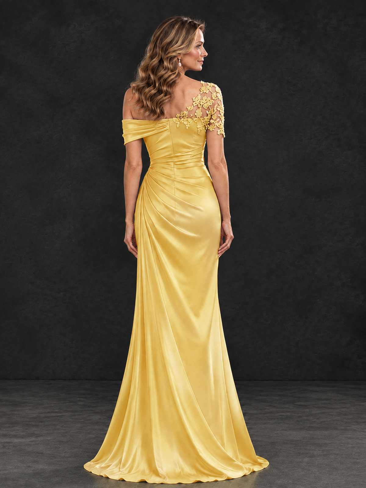BOLODOO Gold Asymmetric Satin Mother of the Bride Dress with Lace Sleeve - Gold - Gold (2)