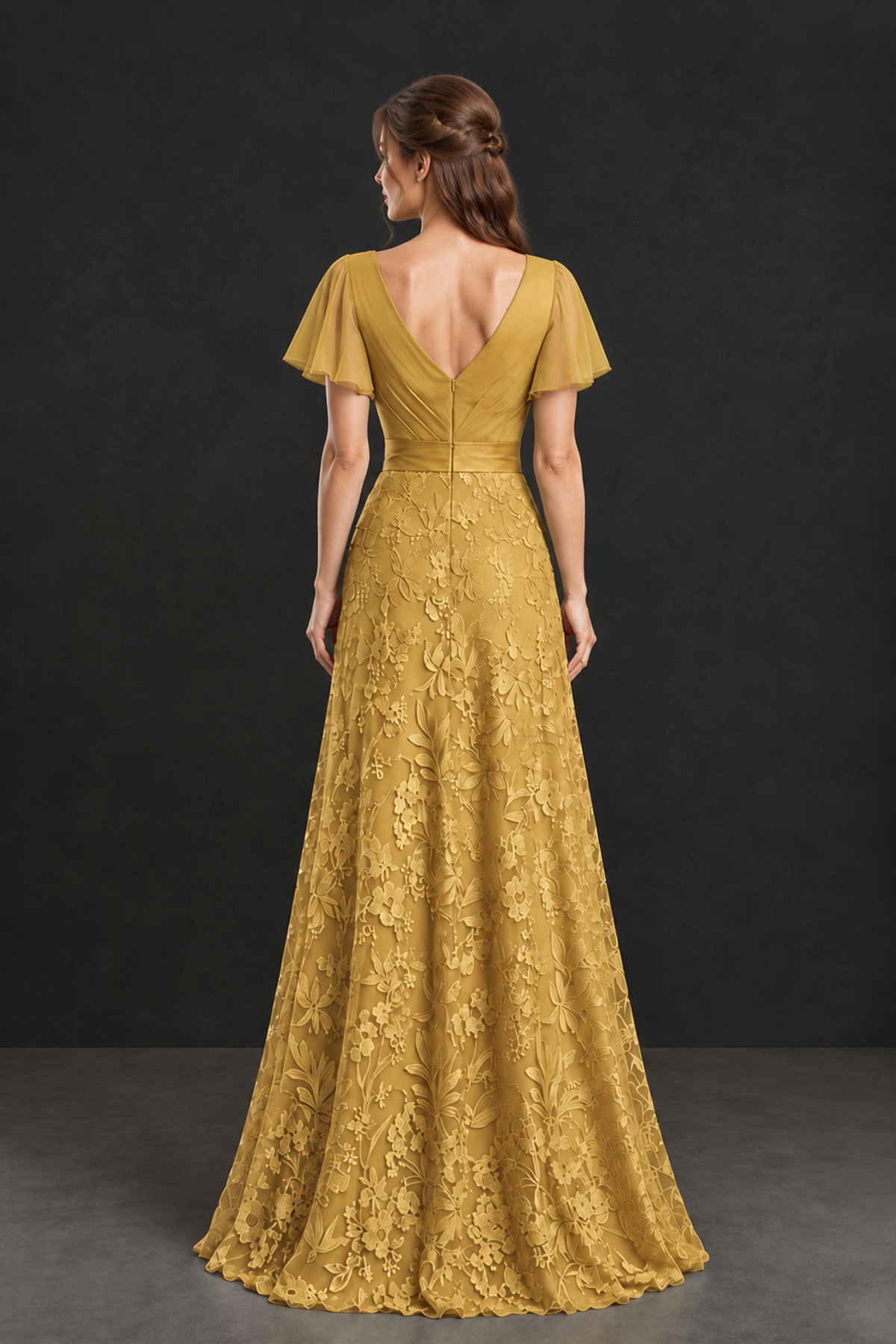 BOLODOO Gold Flutter Sleeve Lace Mother of the Bride Dress - Gold