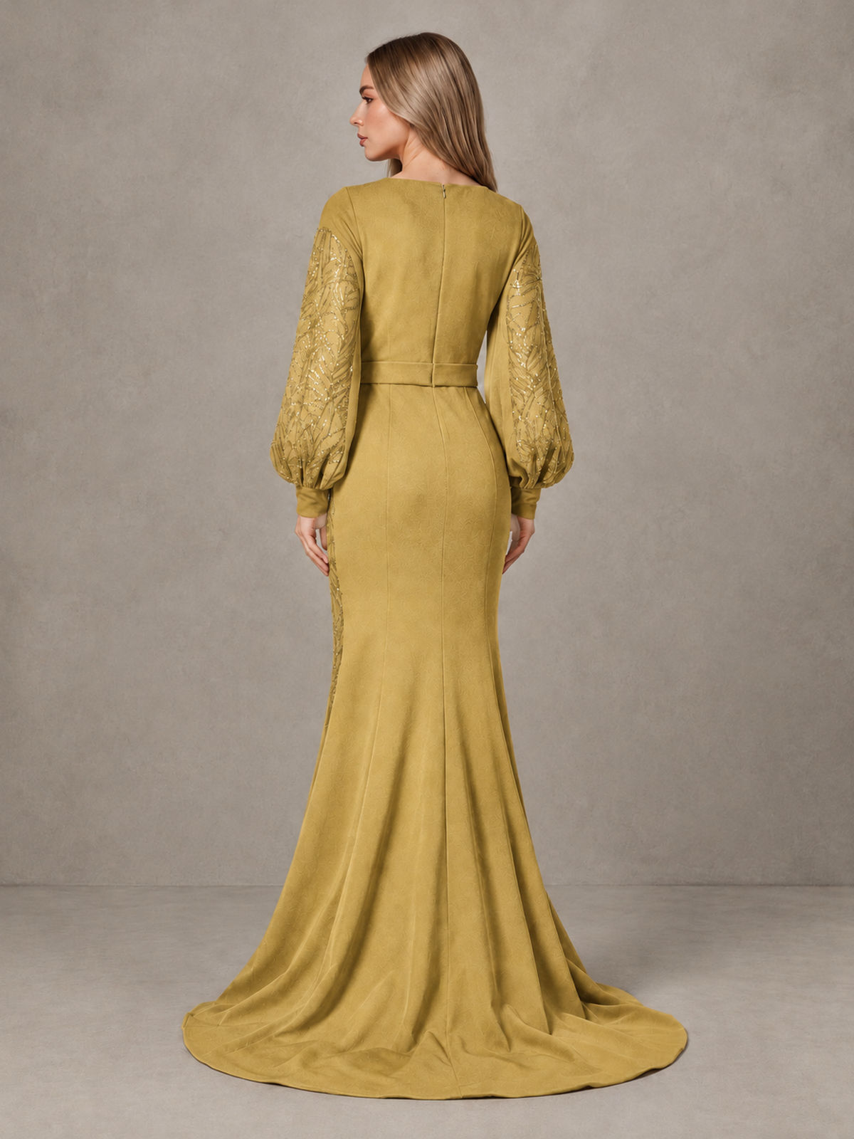 BOLODOO Gold Sequin Long Bishop Sleeve Mermaid Evening Dress - Gold - Gold (2)
