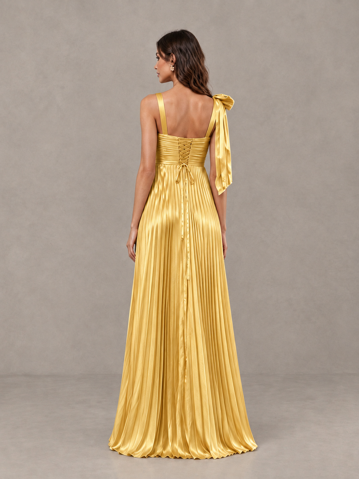 BOLODOO Gold Pleated Bow-Strap Bridesmaid Maxi Dress - Gold - Gold (2)