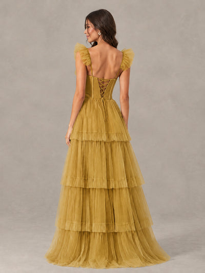 BOLODOO Gold Tiered Tulle Bridesmaid Dress with Slit - Gold - Gold (2)