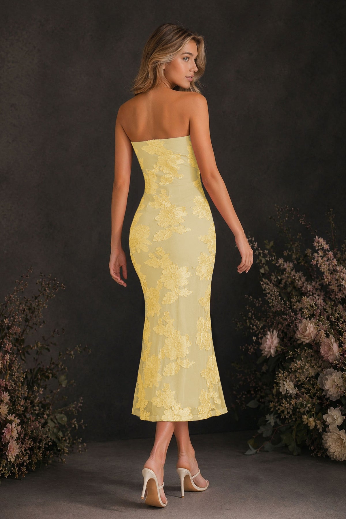 BOLODOO Gold Tonal Floral Embroidered Mesh Strapless Open Back Bodycon Midi Tea Length Dress - Gold