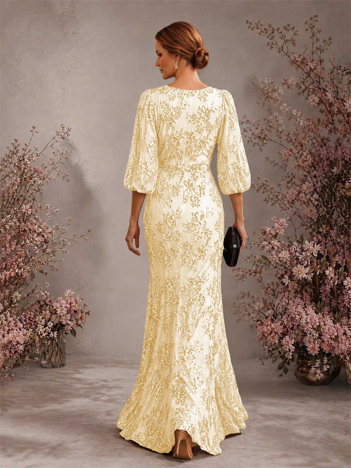 BOLODOO Gold V-Neck Lantern Sleeve All-Over Sequin Floral Embroidered Mermaid Gown - Gold