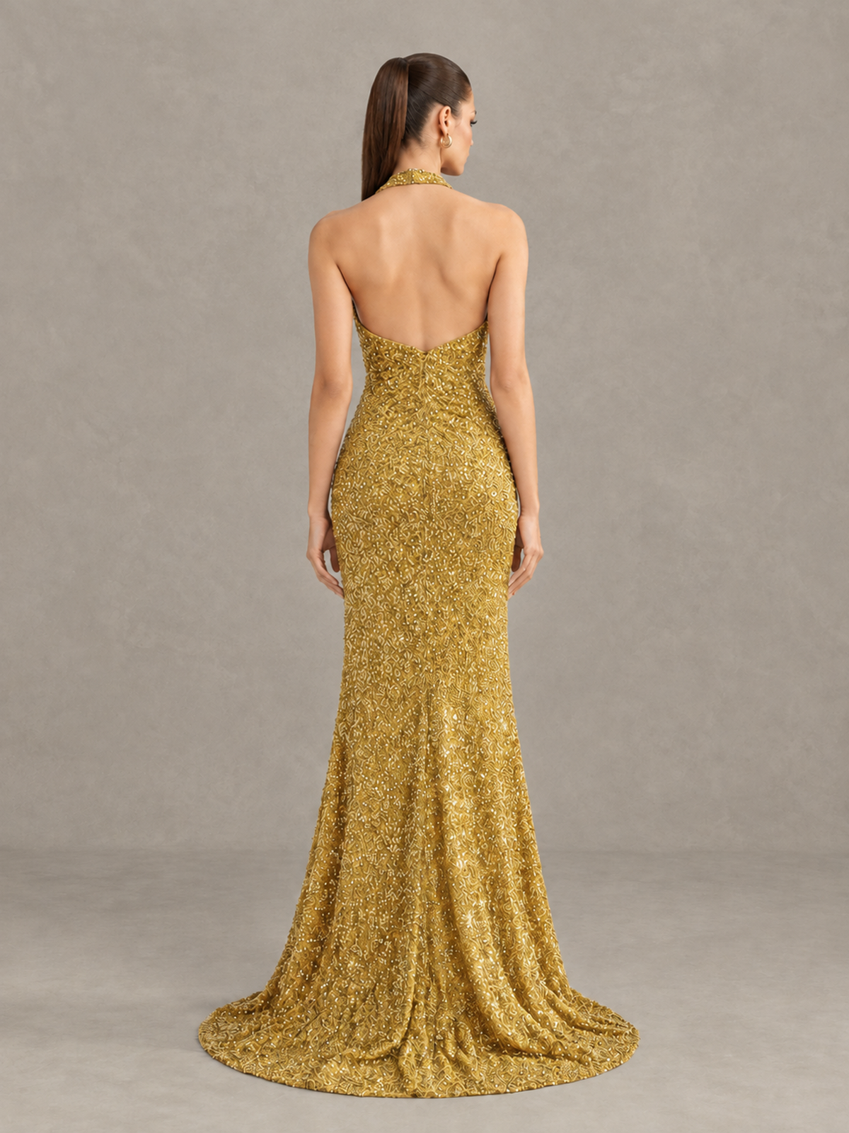 BOLODOO Gold Sequin Halter Open Back Evening Gown with High Slit - Gold - Gold (2)