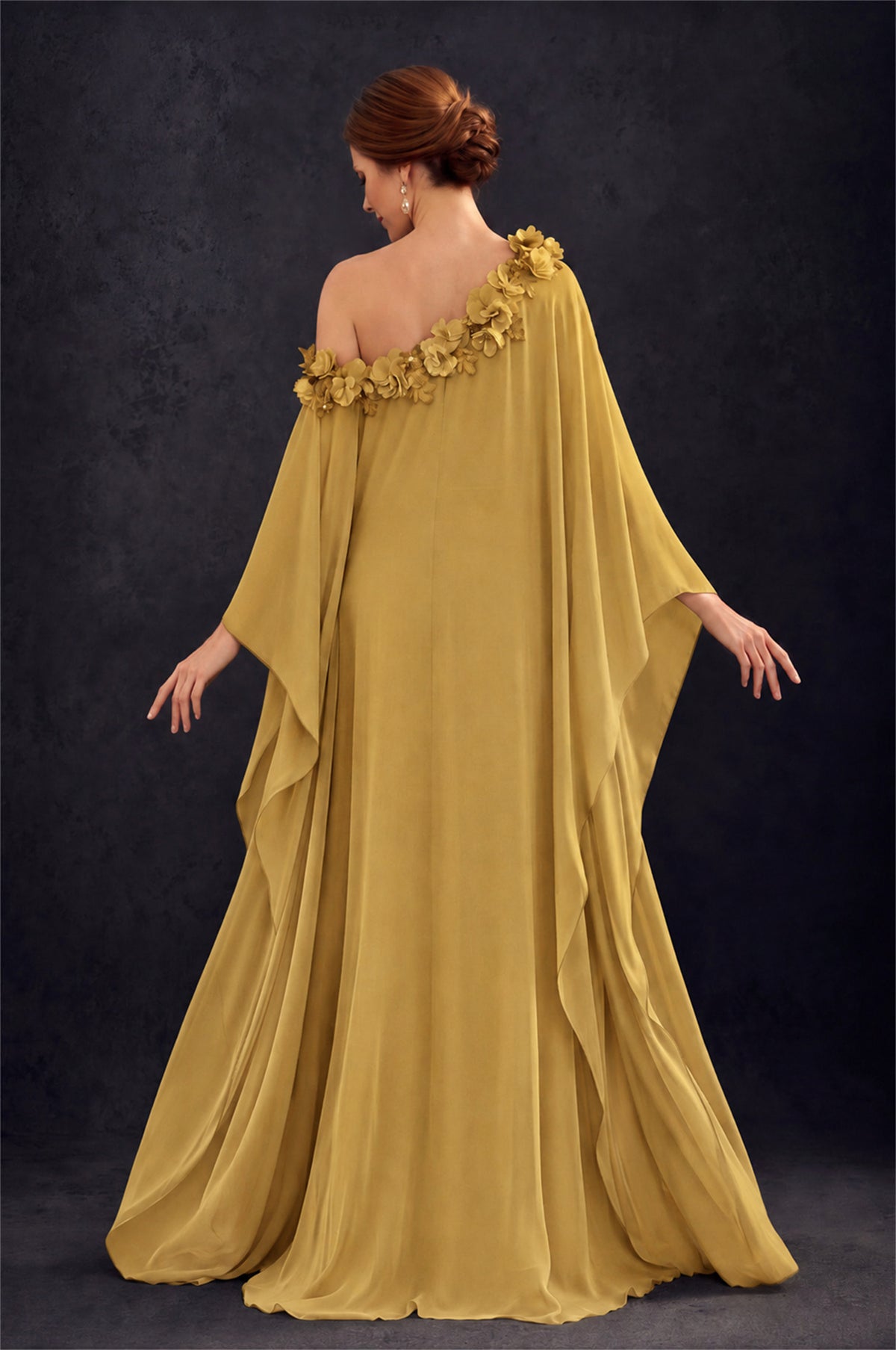 BOLODOO Gold 2-Piece Set: Off-Shoulder 3D Floral Cape Gown & One-Shoulder Wide-Leg Jumpsuit | BD0373 - Gold