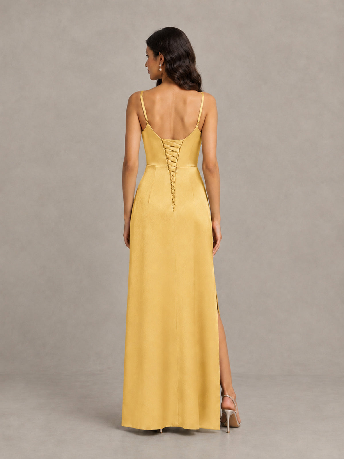 BOLODOO Gold Cowl Neck Satin Bridesmaid Dress with Slit - Gold - Gold (2)