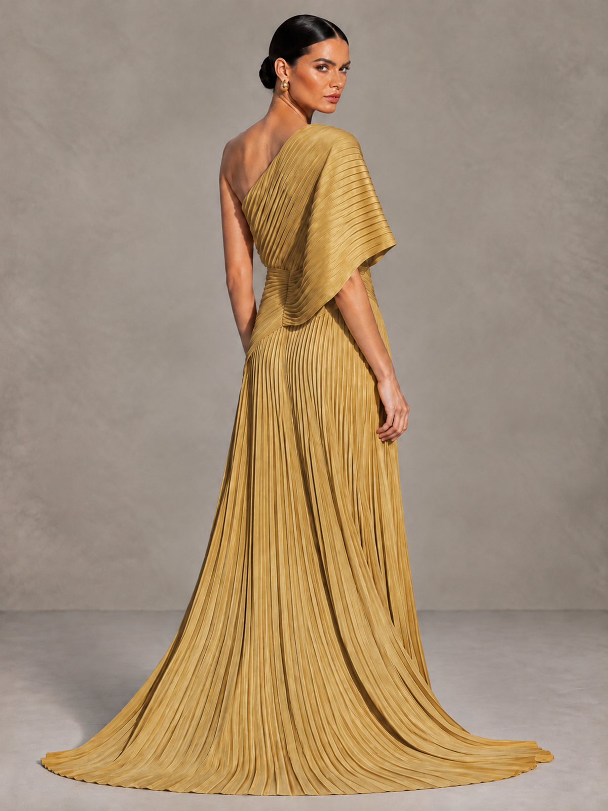 BOLODOO Gold One-Shoulder Pleated Cape Evening Gown with Train - Gold - Gold (2)