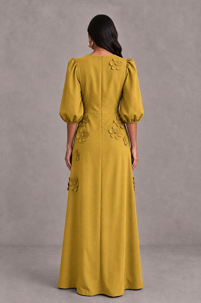 BOLODOO Gold Floral Applique Puff Sleeve A-Line Evening Dress - Gold - Gold (2)