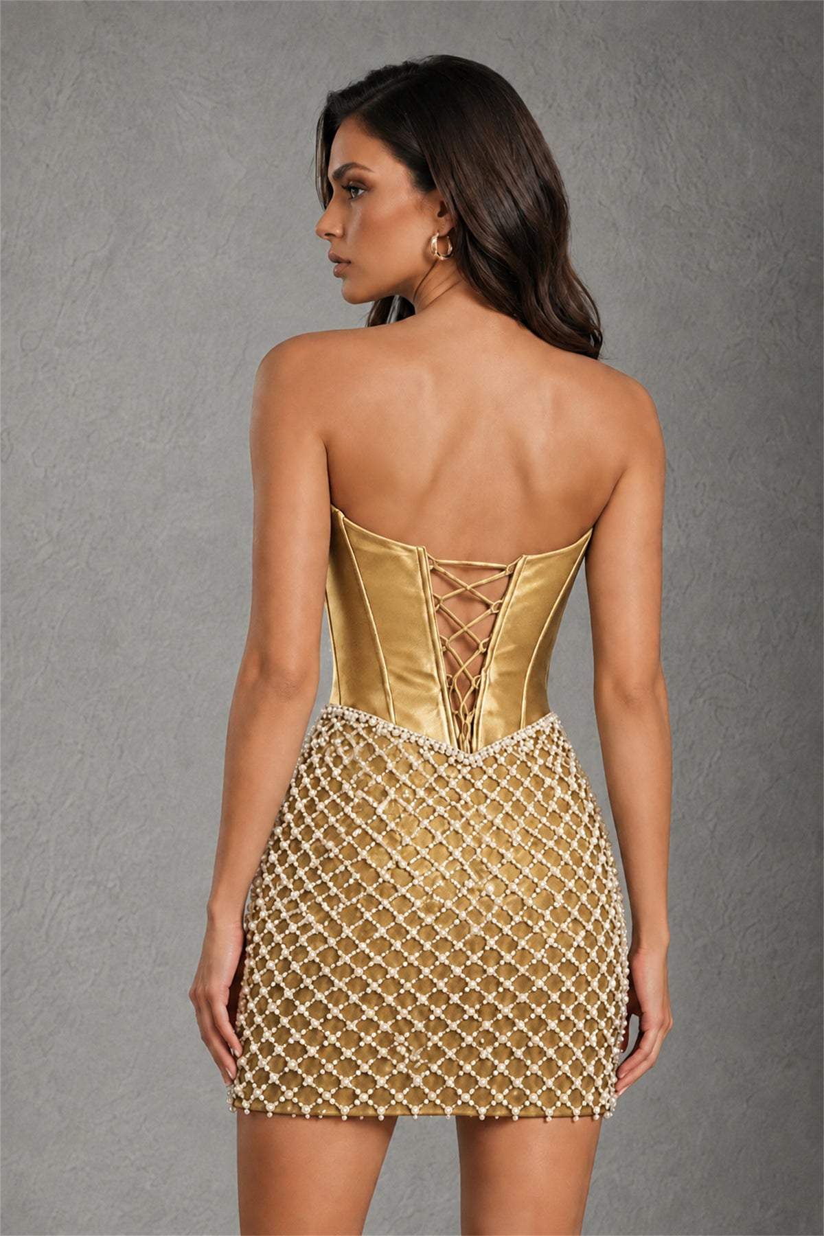 BOLODOO Gold Strapless Boned Corset Mini Dress Gold Geometric Beaded Skirt Lace-Up Back BD0355 - Gold