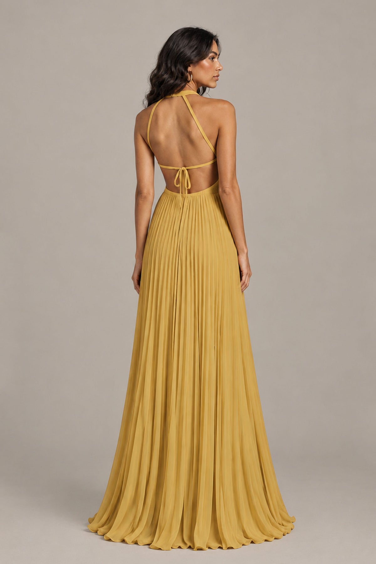 BOLODOO Gold Halter Neck Pleated Chiffon Maxi Dress with Side Slit - Gold