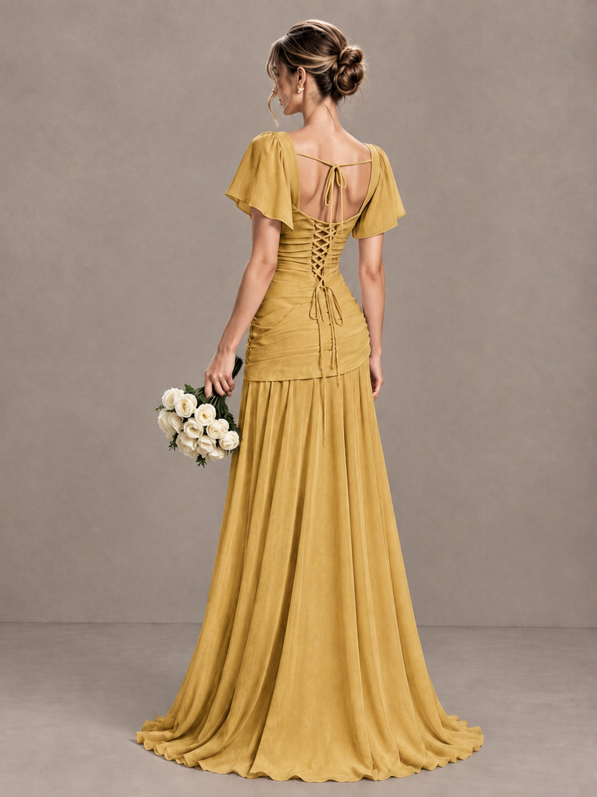 BOLODOO Gold Flutter Sleeve Lace-Up Back Maxi Dress - Gold - Gold (2)