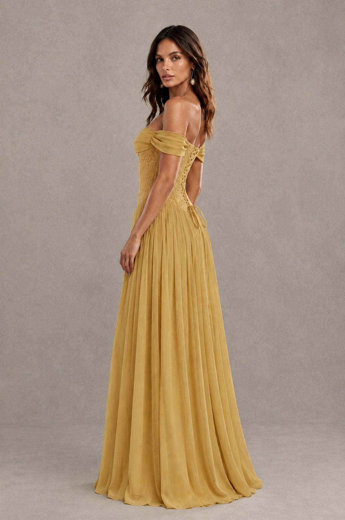 BOLODOO Gold Off-Shoulder Lace Corset Tulle Maxi Dress - Gold - Gold (2)