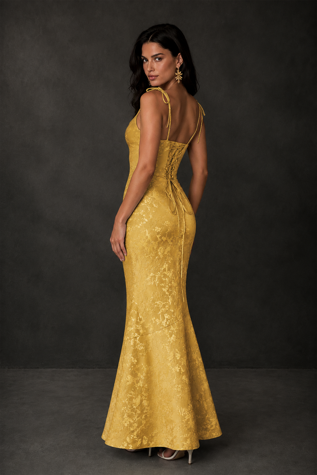 BOLODOO Gold Scoop Neck Tie Strap Lace-Up Back Floral Jacquard Mermaid Maxi Dress - Gold