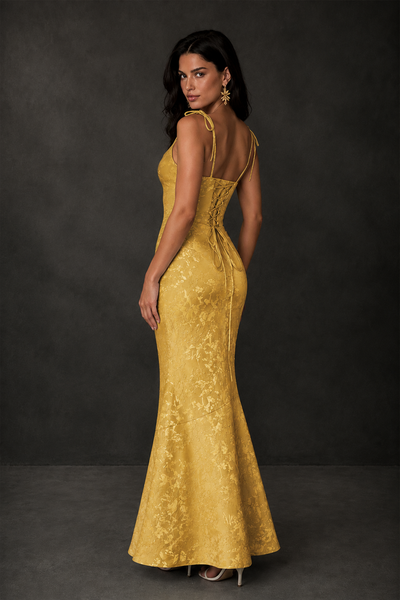BOLODOO Gold Scoop Neck Tie Strap Lace-Up Back Floral Jacquard Mermaid Maxi Dress - Gold