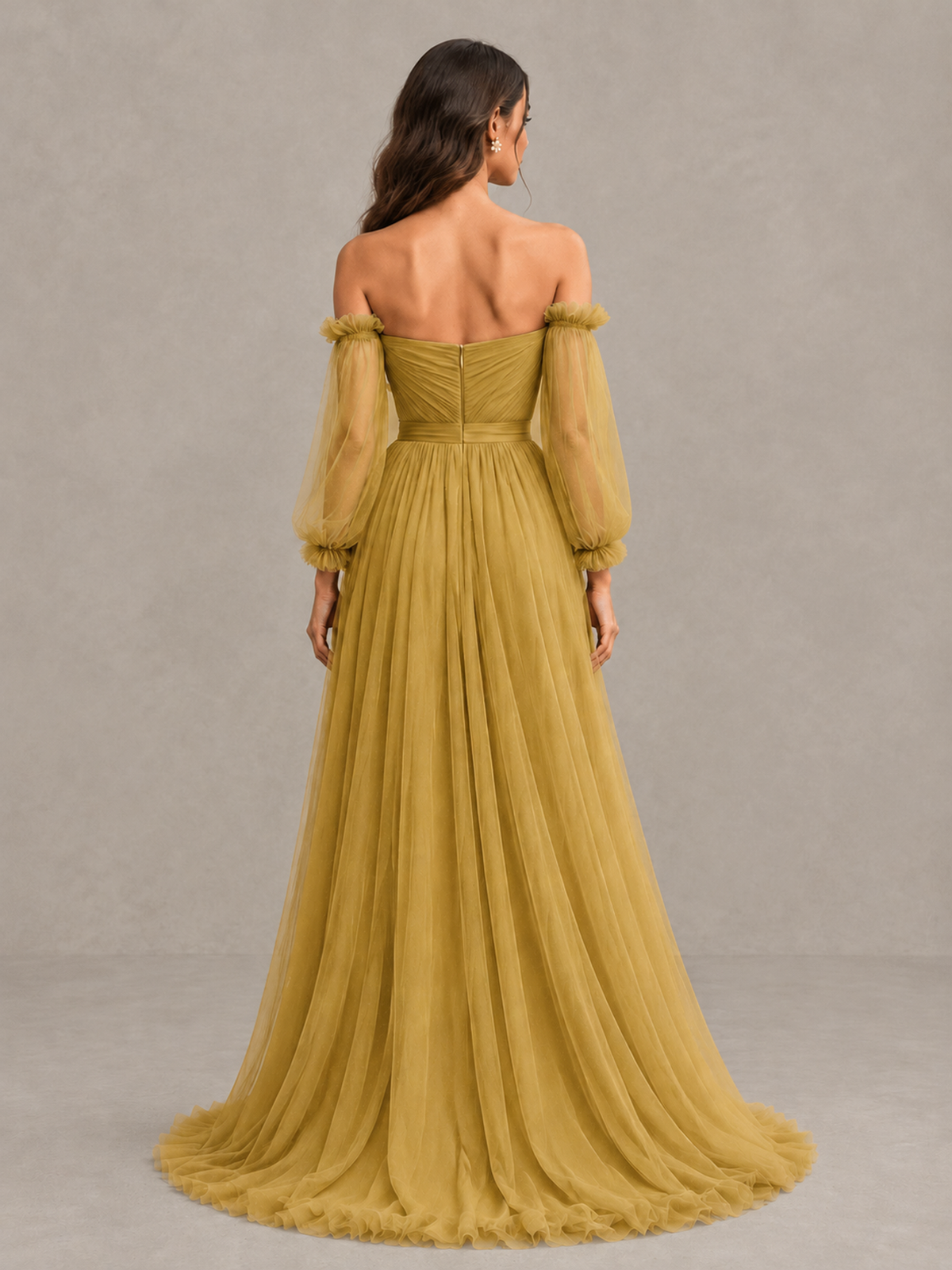 BOLODOO Gold Off-the-Shoulder Long Sleeve A-Line Bridesmaid Dress - Gold - Gold (2)