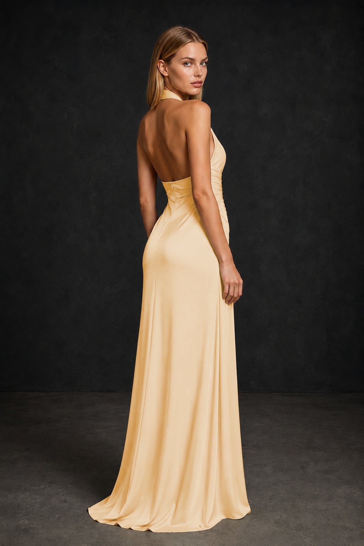 BOLODOO Gold Twisted Halter Neck Ruched Sleeveless Open Back Floor-Length Gown - Gold