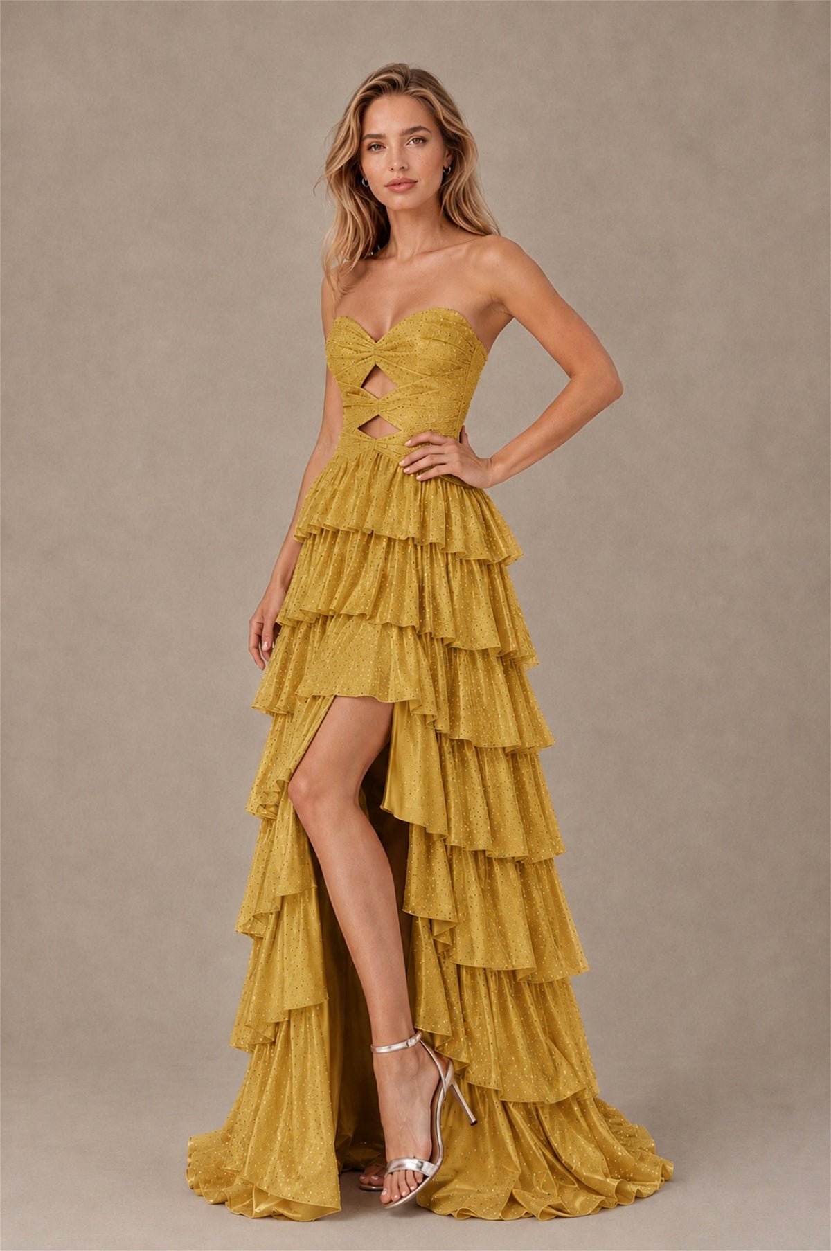 BOLODOO Gold Strapless Cutout Tiered Ruffle Prom Dress with High Slit - Gold - Gold (3)