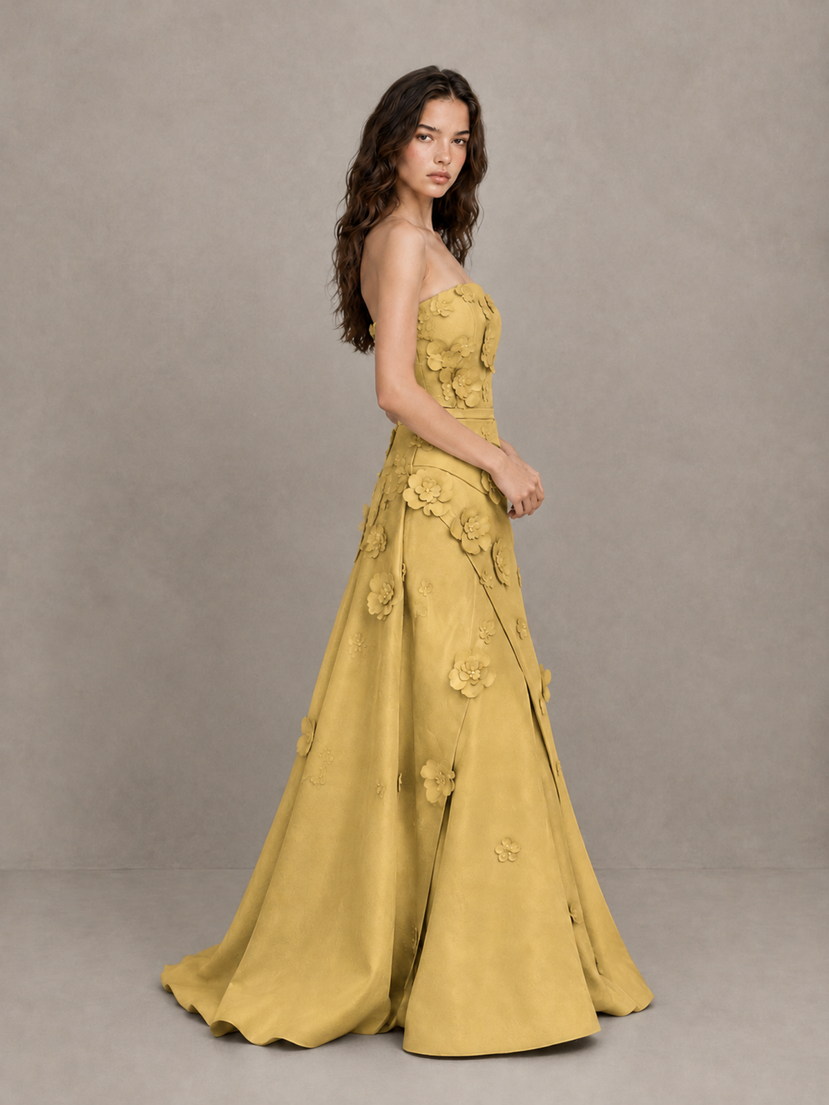 BOLODOO Gold Strapless 3D Floral Applique Prom Gown with Draped Skirt - Gold - Gold (3)