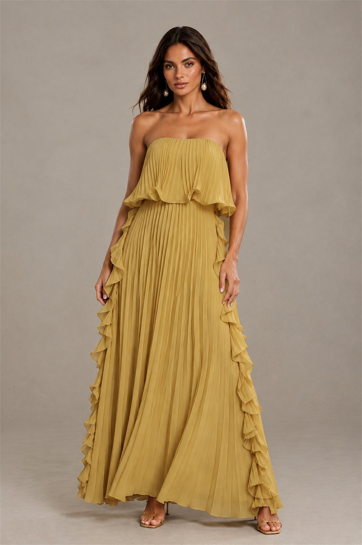 BOLODOO Gold Strapless Ruffle Bodice Dual Cascading Ruffle Accordion Pleated Chiffon Maxi Dress - Gold