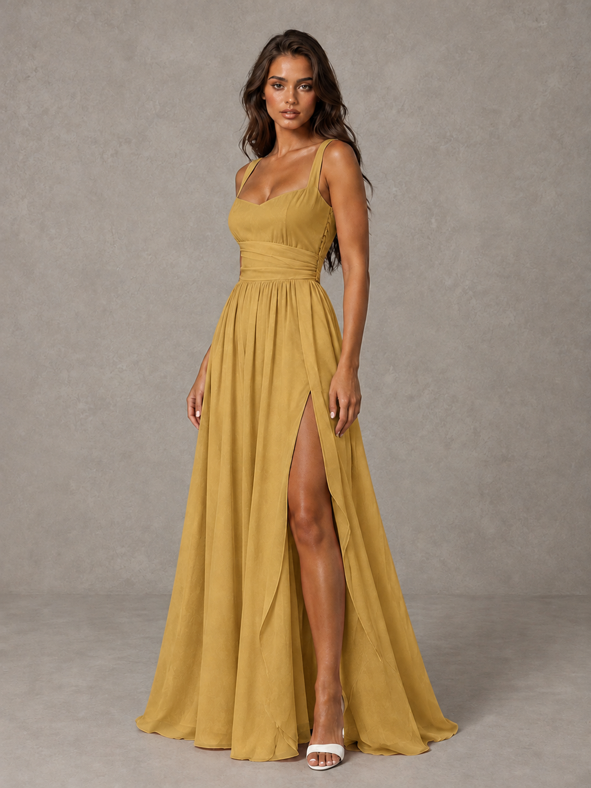 BOLODOO Gold A-Line Bridesmaid Dress with High Slit & Lace-Up Back - Gold - Gold (3)