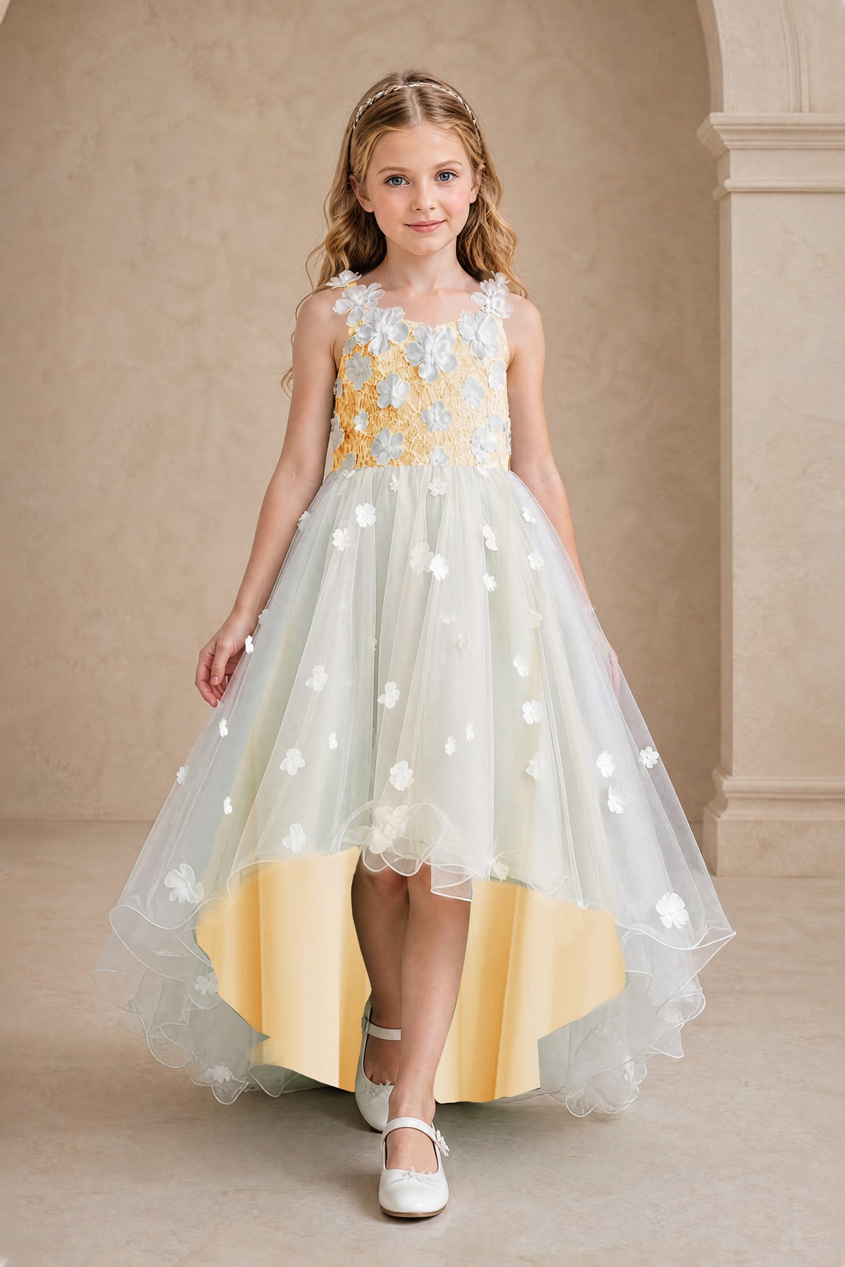 BOLODOO Gold Flower Girl Dress with Floral Appliqué and High-Low Tulle Skirt - Gold