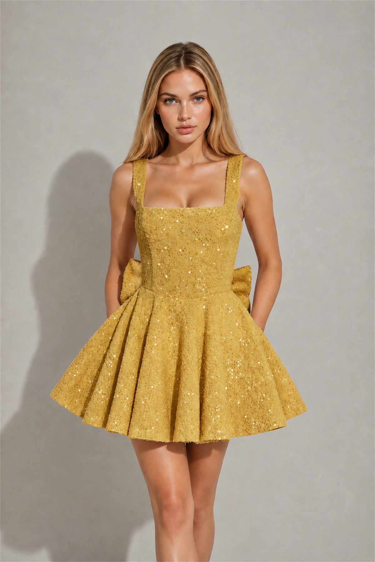 BOLODOO Gold Sequin Square Neck Wide Strap Bow Waist Open Back Fit and Flare Mini Dress | Prom Birthday Party Dress - Gold