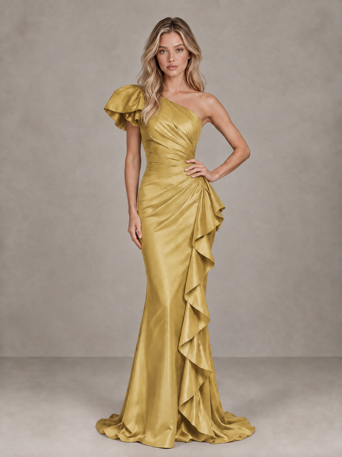 BOLODOO Gold One-Shoulder Satin-Look Mermaid Evening Dress with Ruffles - Gold - Gold (3)