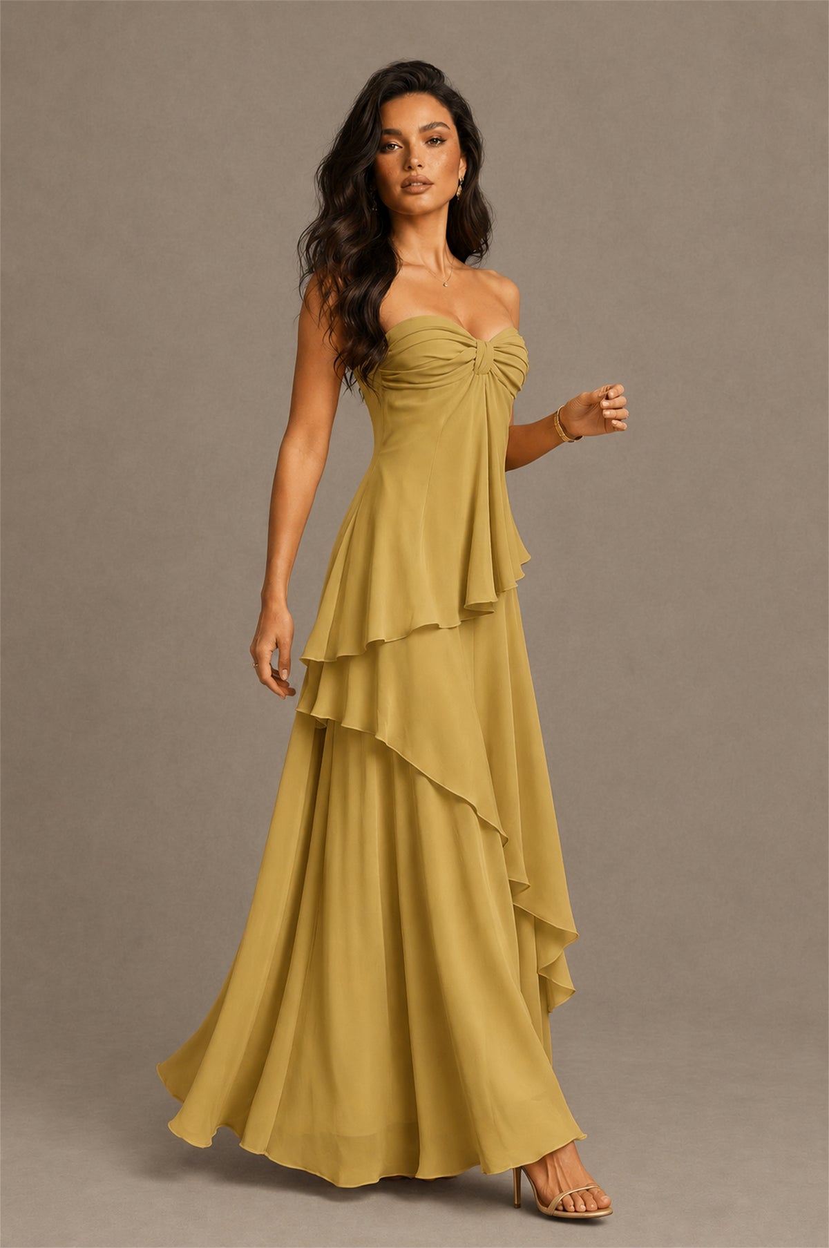 BOLODOO Gold Strapless Sweetheart Knotted Chiffon Tiered Maxi Dress with Lace-Up Back - Gold