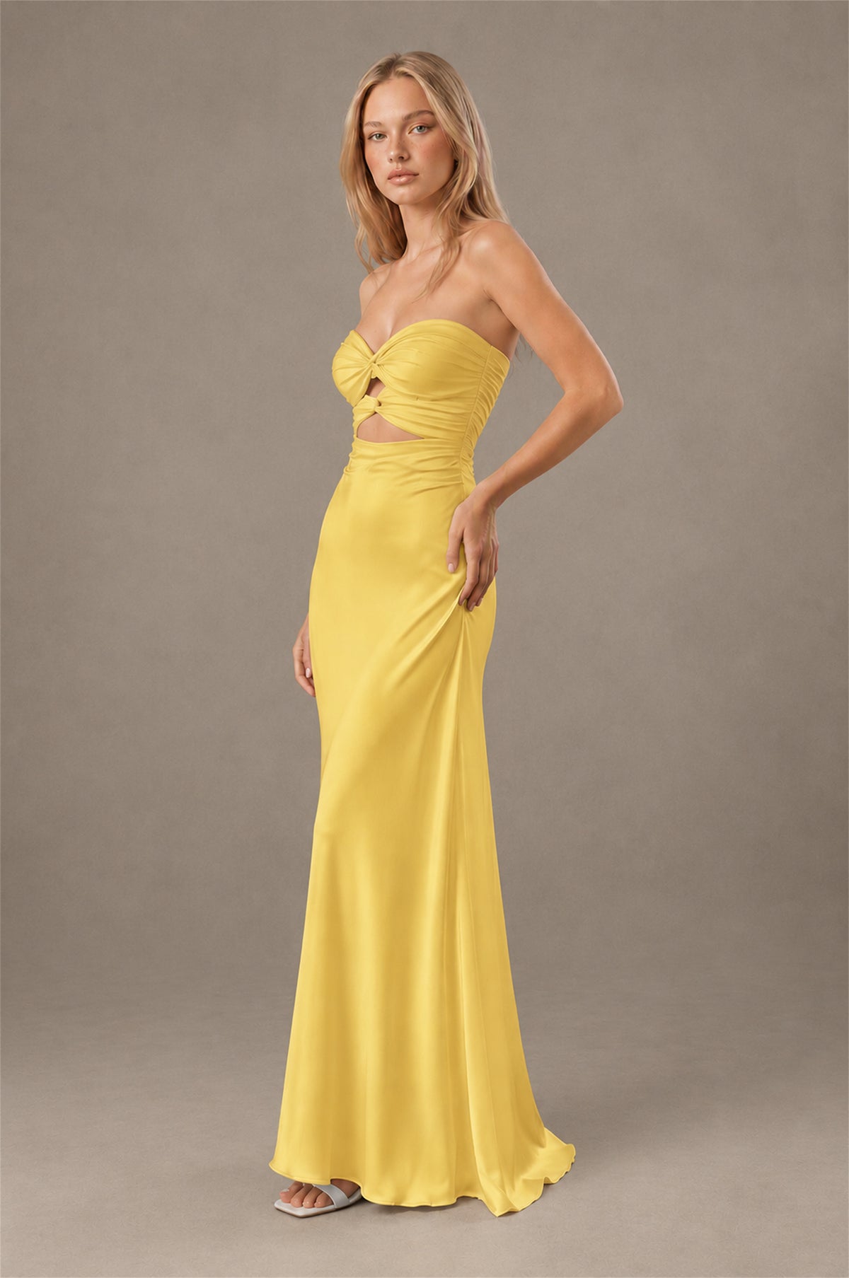 BOLODOO Gold Sweetheart Strapless Twist Knot Cutout Lace-Up Back Satin Mermaid Maxi Dress - Gold - Gold (3)