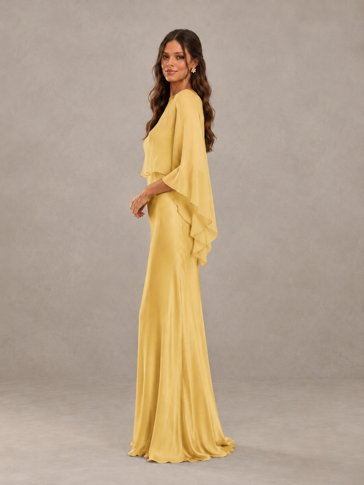 BOLODOO Gold Satin Mermaid Bridesmaid Dress with Chiffon Cape - Gold - Gold (3)