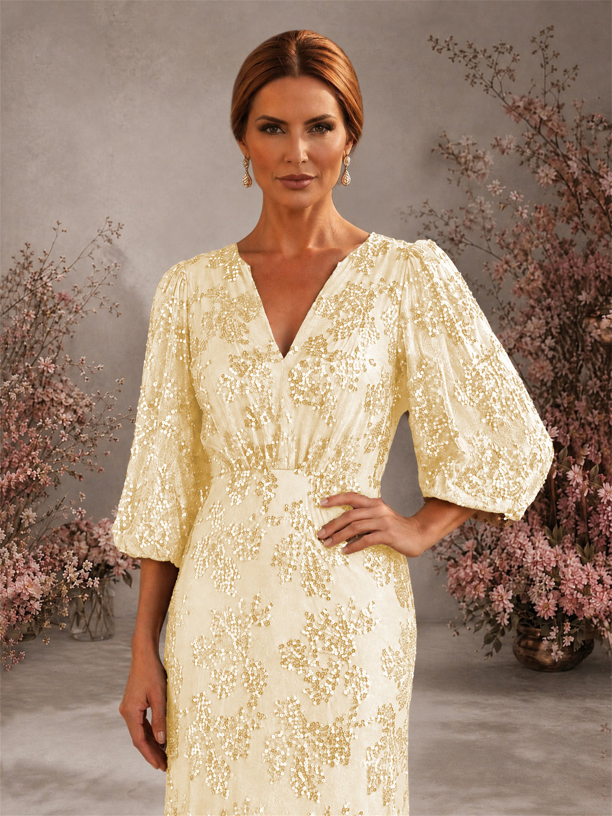 BOLODOO Gold V-Neck Lantern Sleeve All-Over Sequin Floral Embroidered Mermaid Gown - Gold