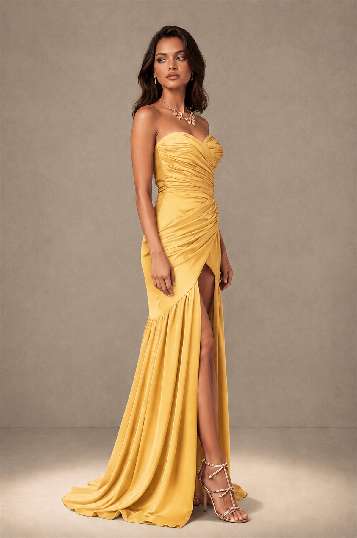 BOLODOO Gold Brown Stretch Satin Sweetheart Strapless Ruched Open Back High Slit Mermaid Maxi Dress - Gold