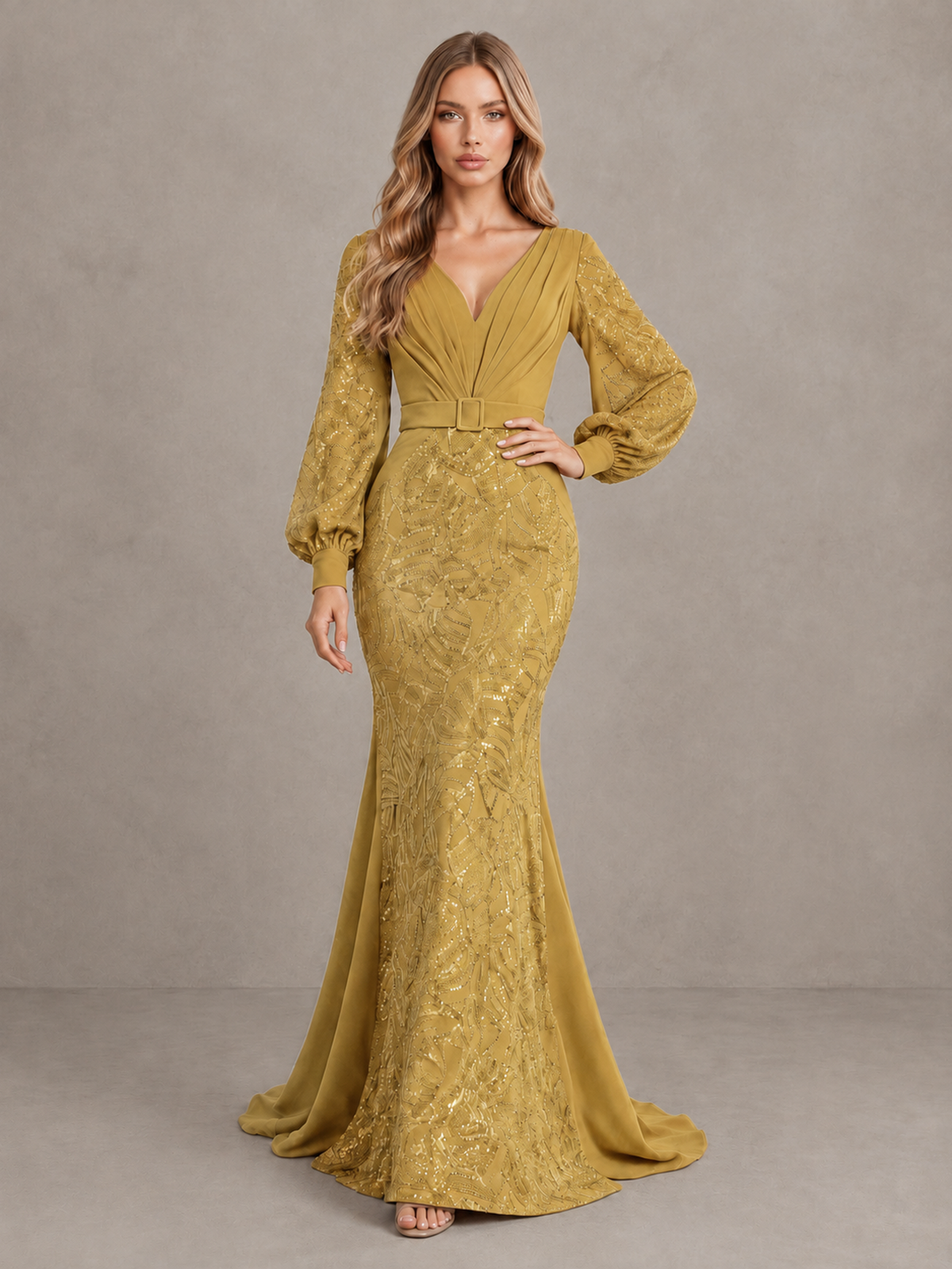 BOLODOO Gold Sequin Long Bishop Sleeve Mermaid Evening Dress - Gold - Gold (3)