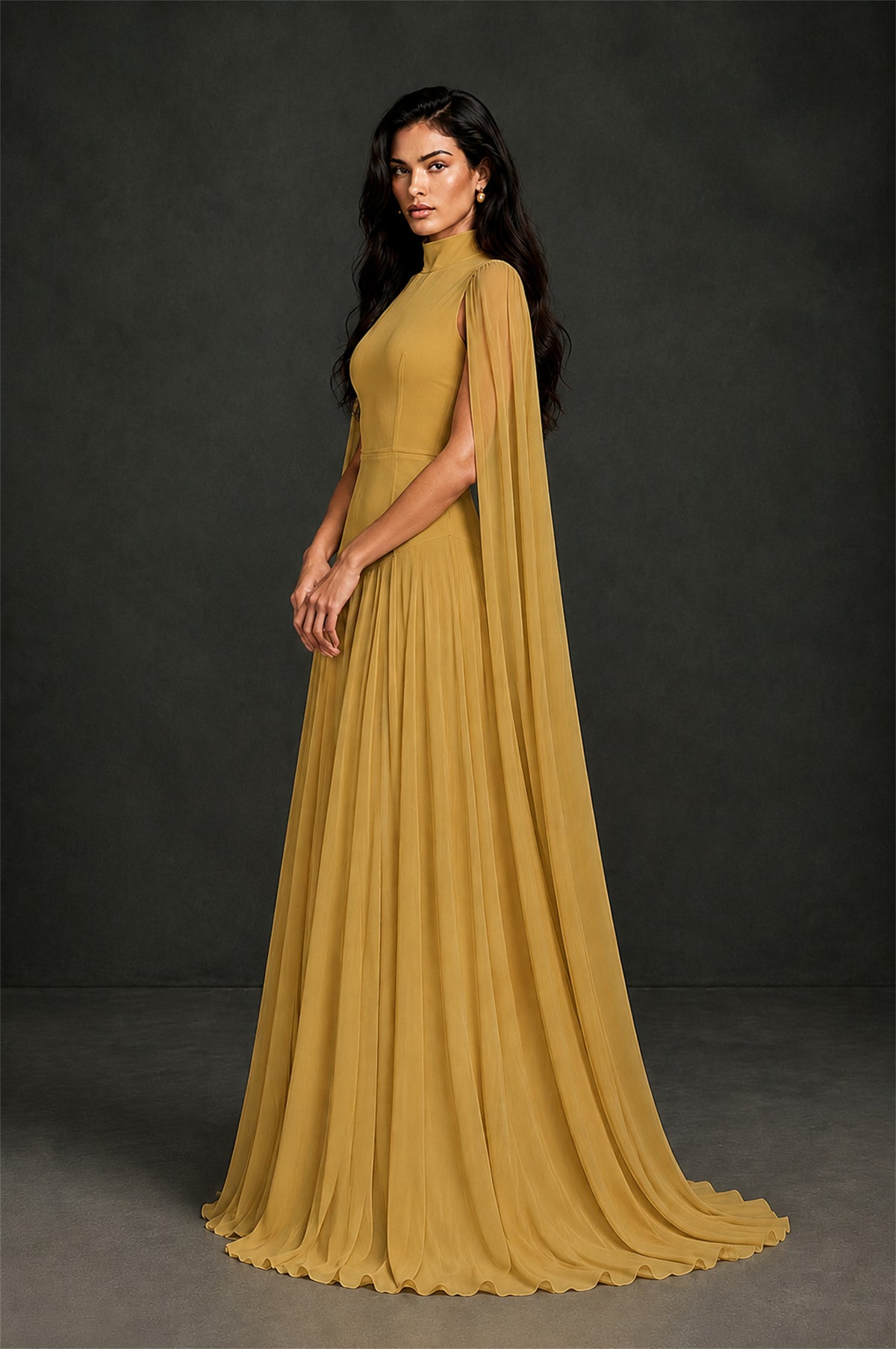 BOLODOO Gold Mock Neck Cape Sleeve A-Line Chiffon Maxi Dress - Gold - Gold (3)