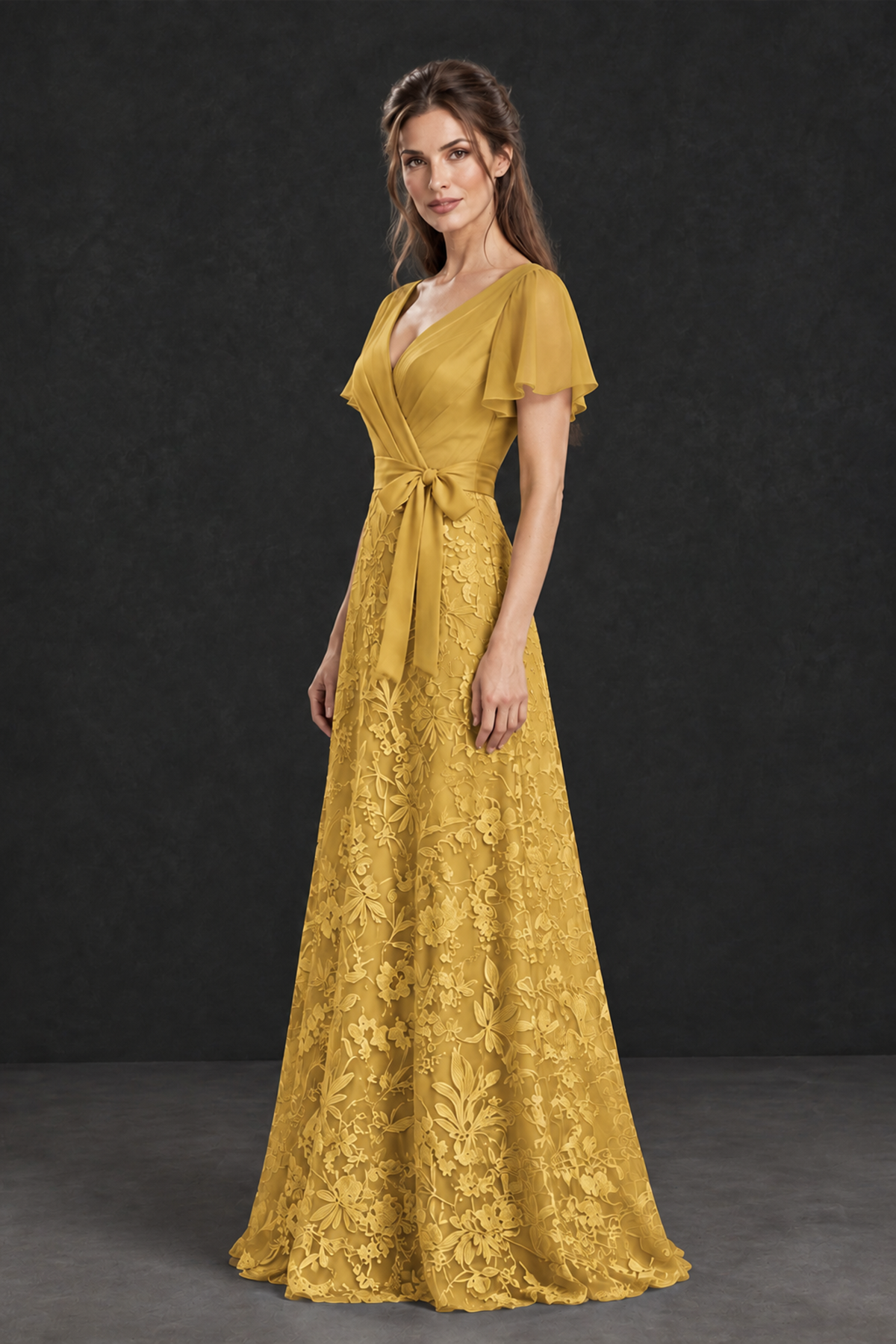 BOLODOO Gold Flutter Sleeve Lace Mother of the Bride Dress - Gold