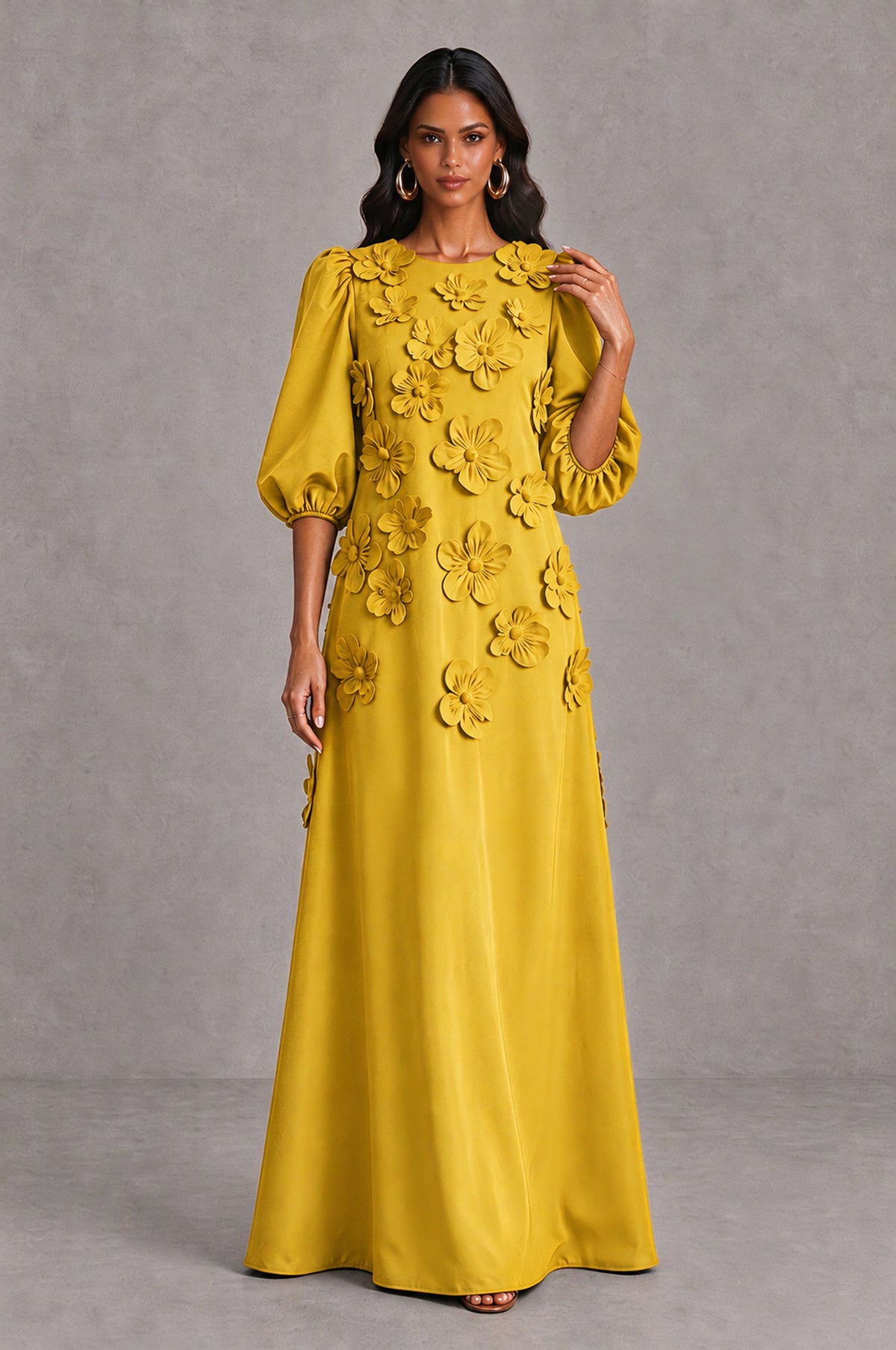 BOLODOO Gold Floral Applique Puff Sleeve A-Line Evening Dress - Gold - Gold (3)